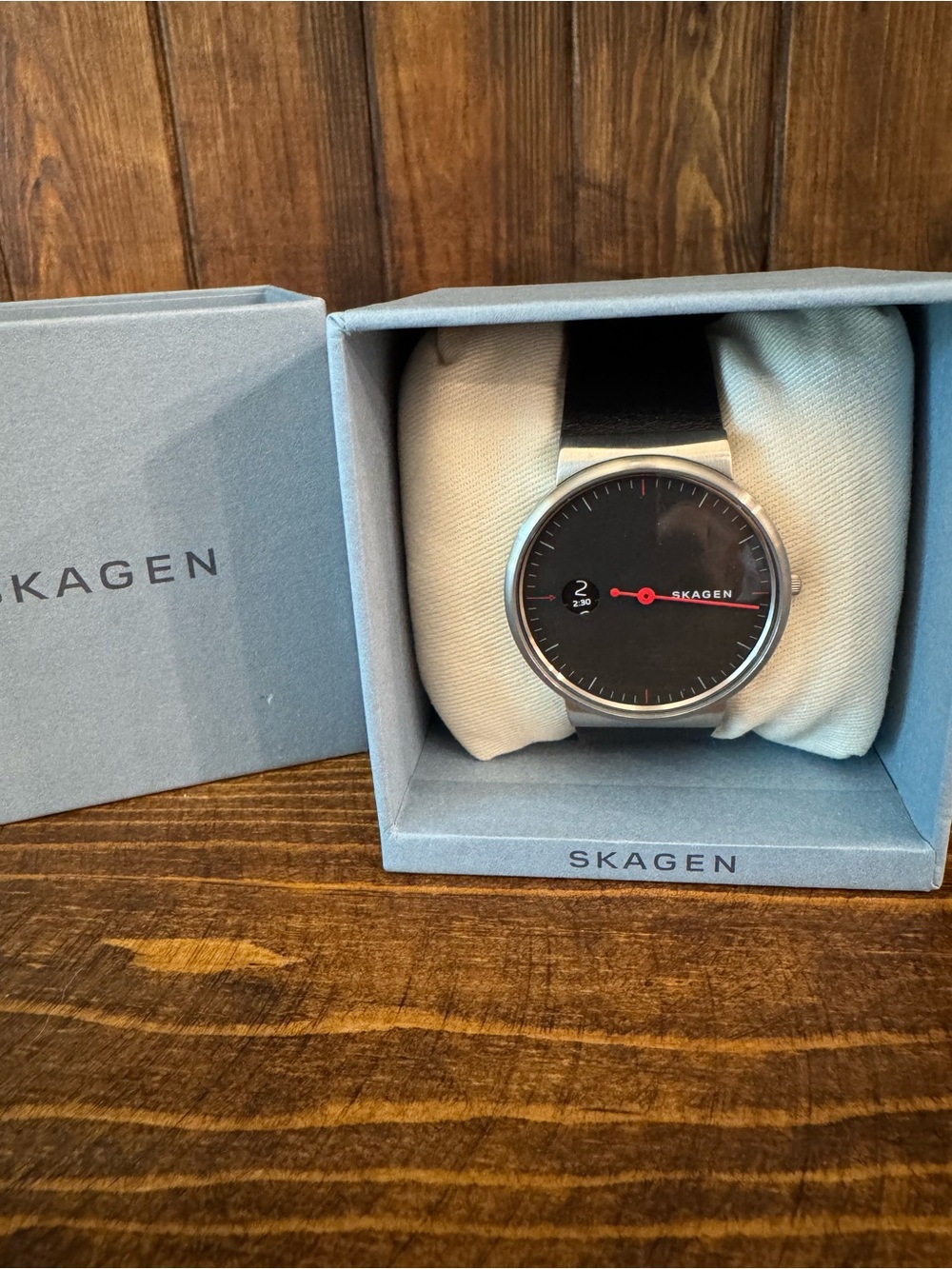 Skagen Ancher Collection Stainless Steel Case Watch with Black Leather Strap